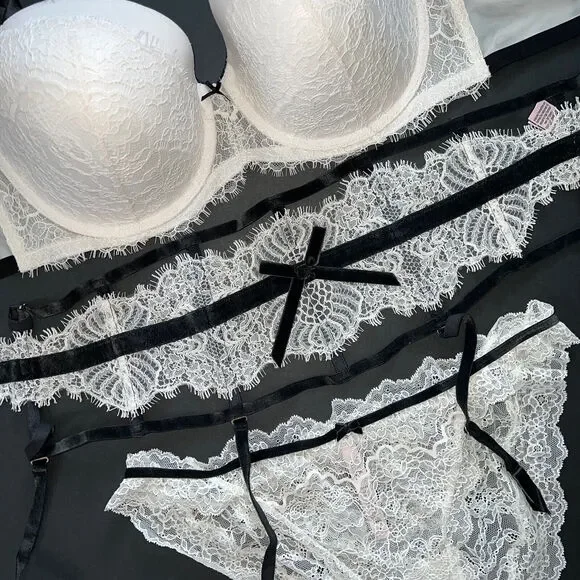 Victoria's Secret 34DD,36DD,36DDD BRA SET+garter+panty black WHITE lace velvet - Picture 3 of 4